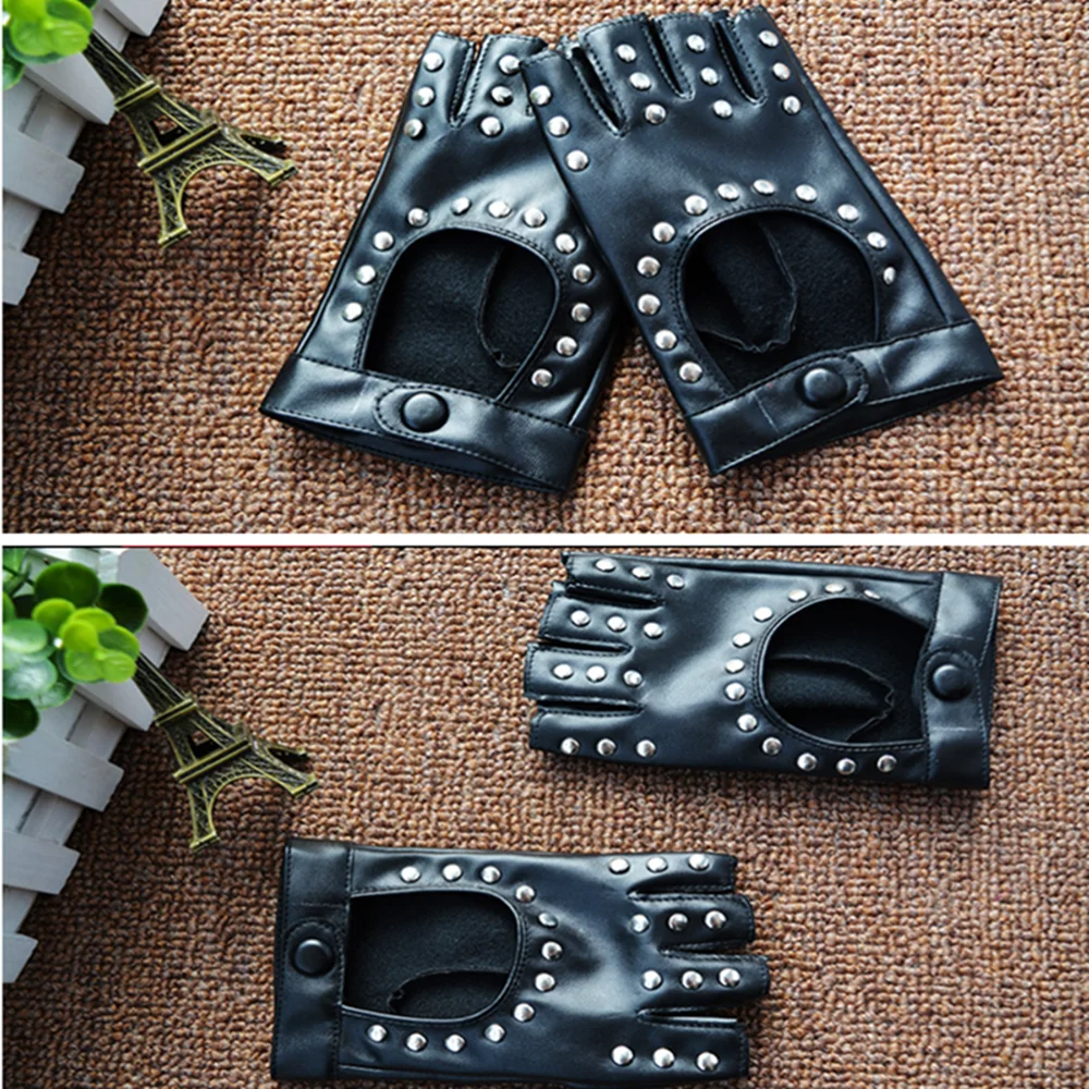 1 Pair Halloween Black Pu Leather Fingerless Gloves Female Half Finger Driving Women Fashion Punk Gloves Dance Rivets Gloves