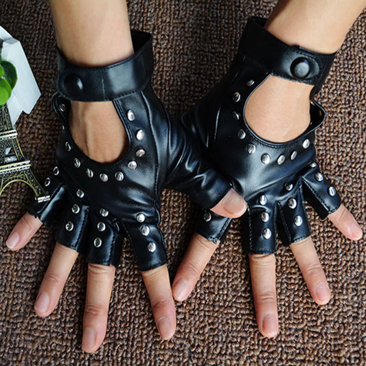 1 Pair Halloween Black Pu Leather Fingerless Gloves Female Half Finger Driving Women Fashion Punk Gloves Dance Rivets Gloves