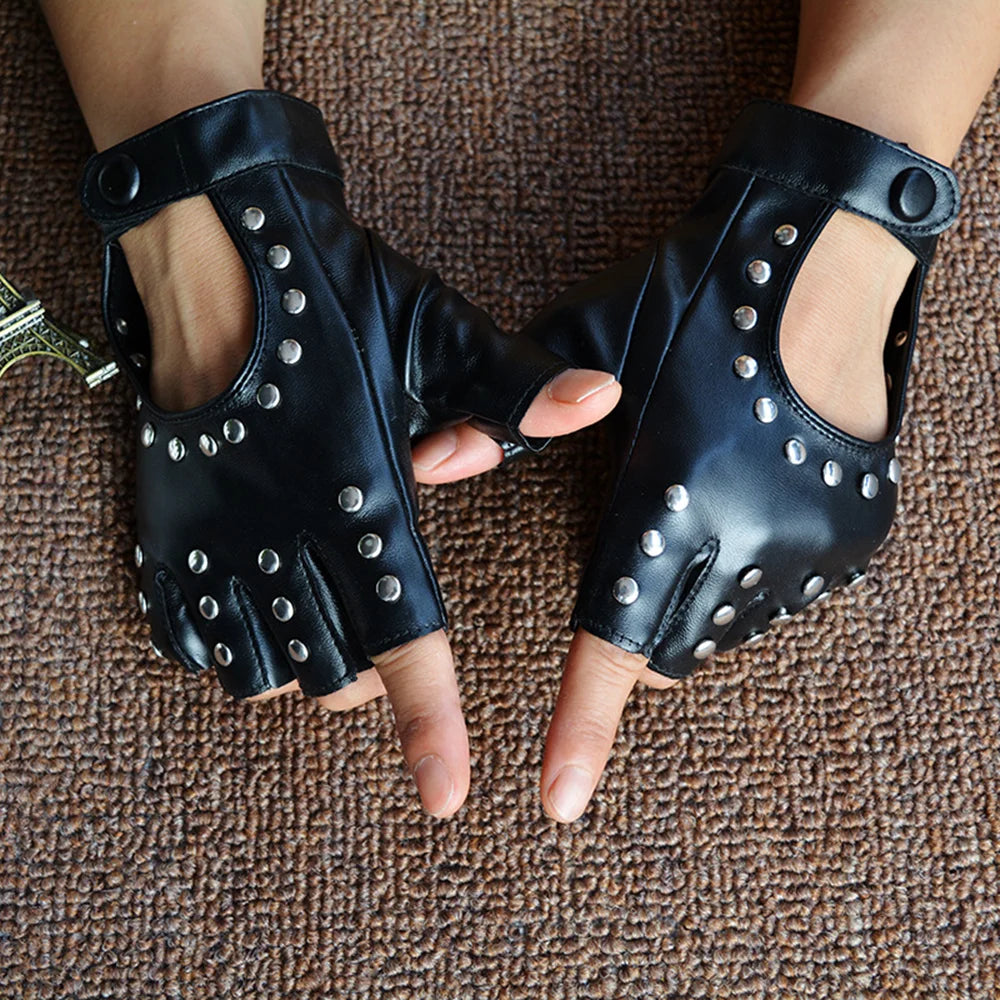 1 Pair Halloween Black Pu Leather Fingerless Gloves Female Half Finger Driving Women Fashion Punk Gloves Dance Rivets Gloves