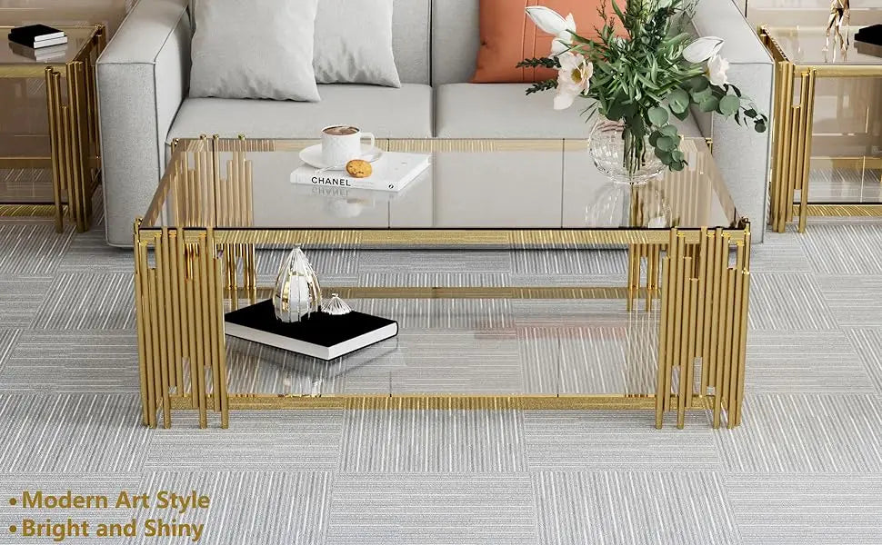 (Spring Sale) Coffee Table, Modern Living Room Table, Gold Legs, 51 Inch Rectangular Clear Tempered Glass Material Coffee Table