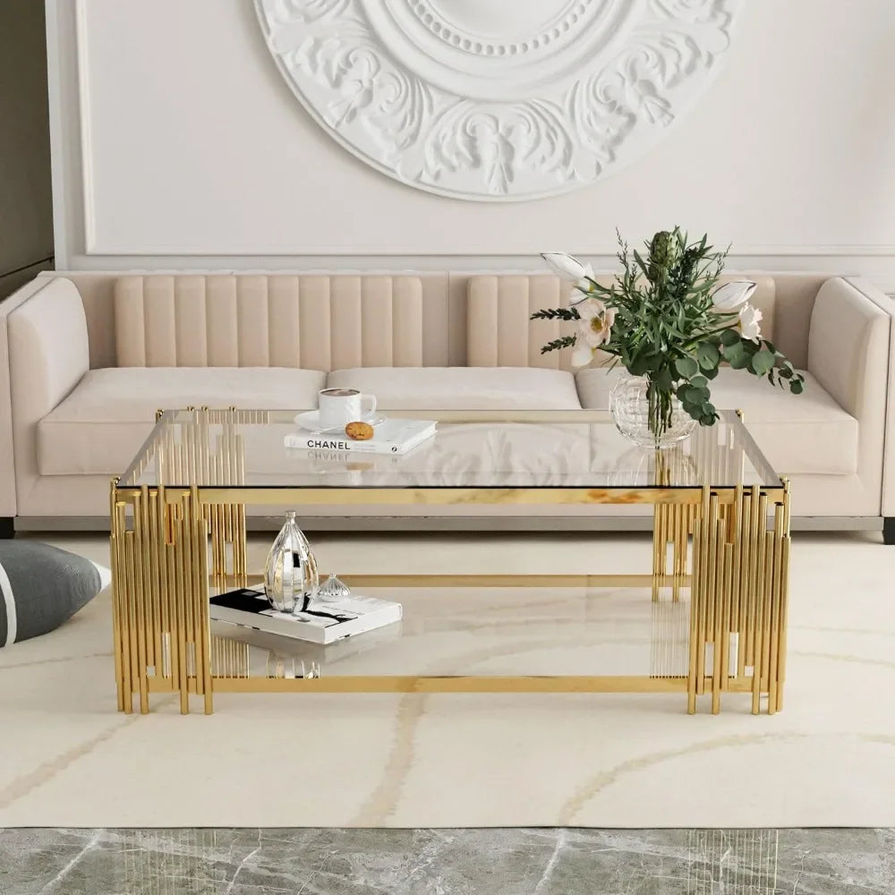 (Spring Sale) Coffee Table, Modern Living Room Table, Gold Legs, 51 Inch Rectangular Clear Tempered Glass Material Coffee Table