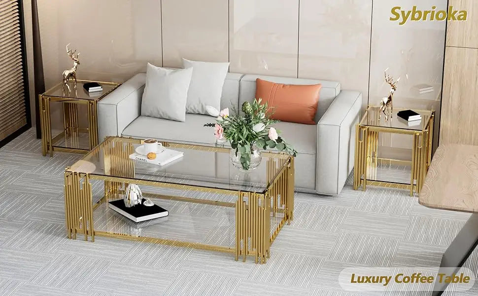 (Spring Sale) Coffee Table, Modern Living Room Table, Gold Legs, 51 Inch Rectangular Clear Tempered Glass Material Coffee Table