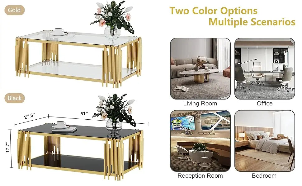 (Spring Sale) Coffee Table, Modern Living Room Table, Gold Legs, 51 Inch Rectangular Clear Tempered Glass Material Coffee Table